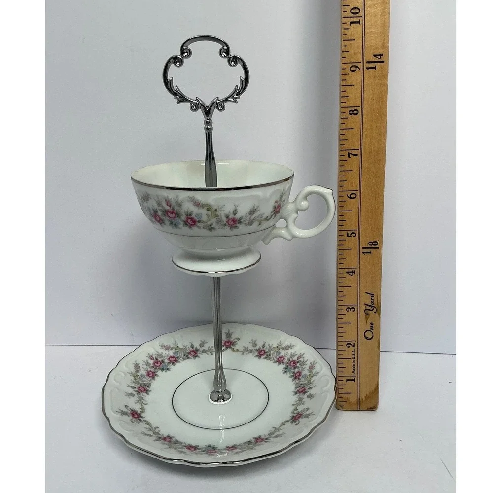 Tiered Stand Unisex OS White Floral Silver Rim 2-Tier Teacup Saucer Upcycle‎